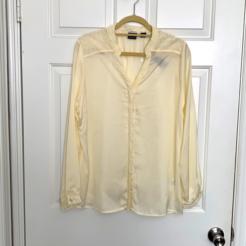 Worthington Antique White Long Sleeve Blouse with Lace top and trim.